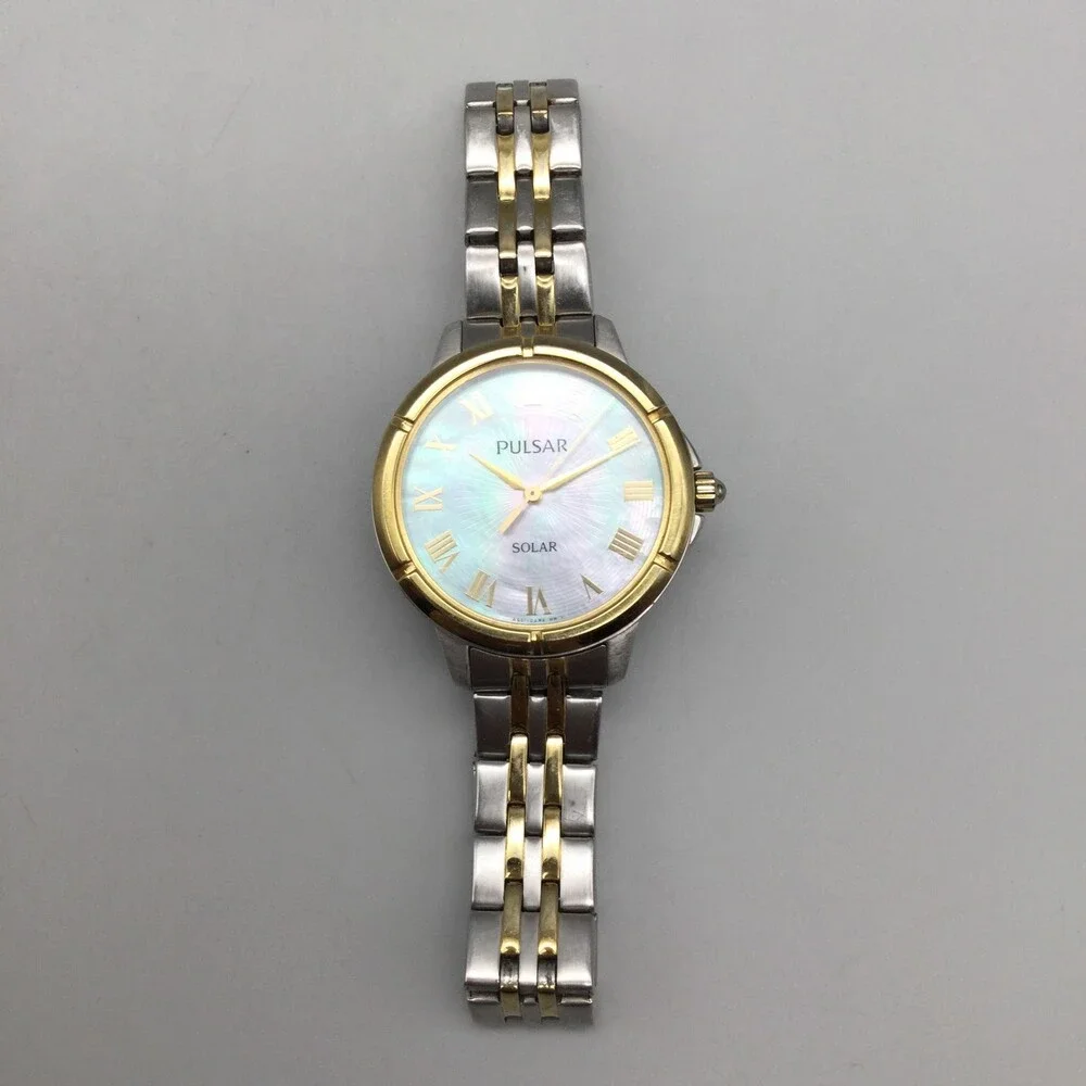 Pulsar Solar Womens Watch 31mm White Dial Two Tone Stainless Bracelet 7.25
